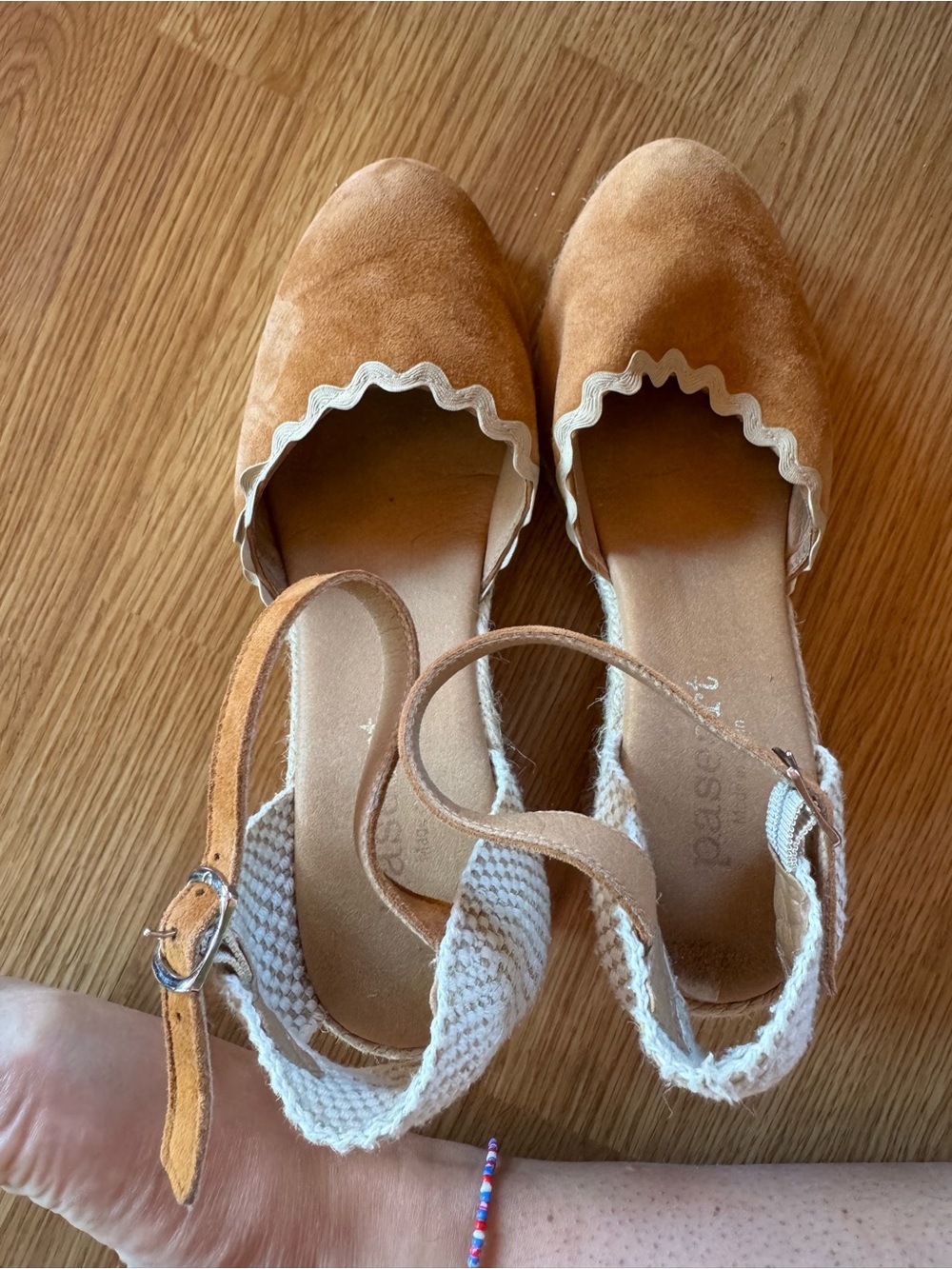 Scalloped Suede Espadrille Flats in Tan with Cream Trim